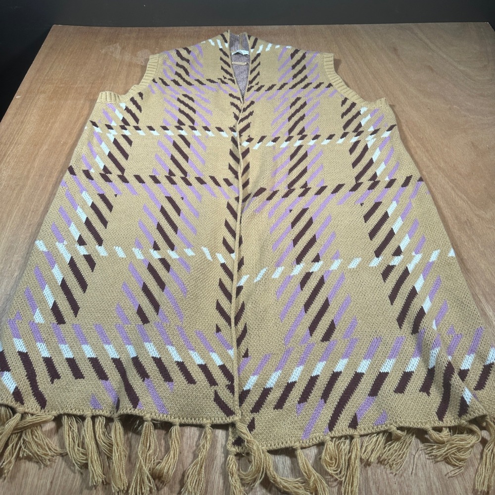 Cato Cardigan Vest Women 22/24W Tan Purple Geometric Fringe Open Front Knit